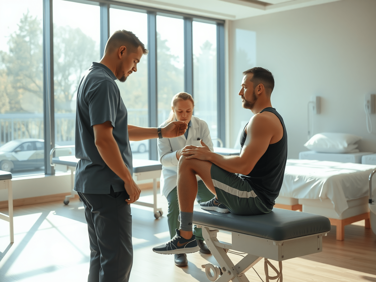 ACL Tear Require Surgery? Here's When It’s Crucial 3 Young adult motivated in physical therapy, performing supervised knee strengthening for ACL injury