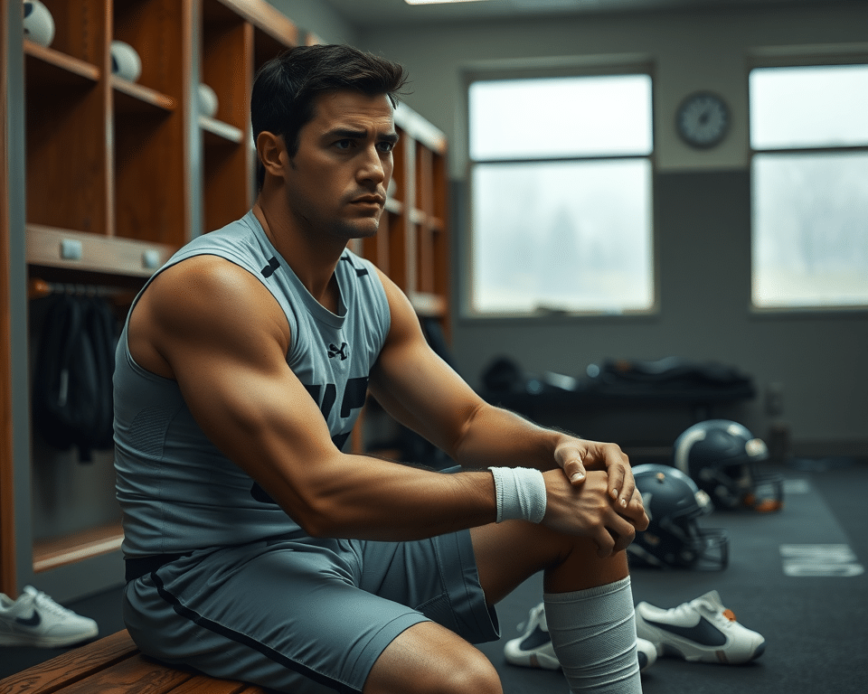 ACL Tear Require Surgery? Here's When It’s Crucial 2 Somber adult athlete with knee wrapped after ACL tear, sitting in locker room