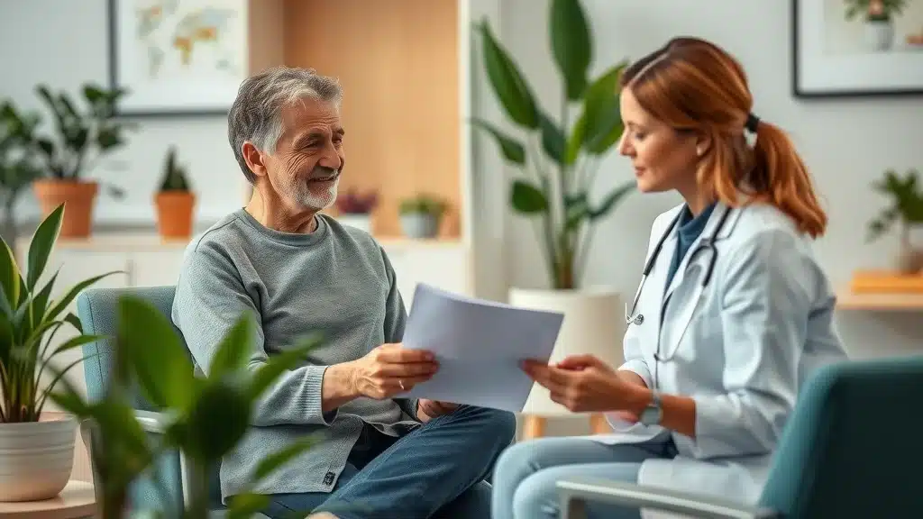 What to Expect During a Radiofrequency Ablation Procedure 3 Patient and care provider discussing radiofrequency ablation paperwork before the procedure in a clinic waiting area